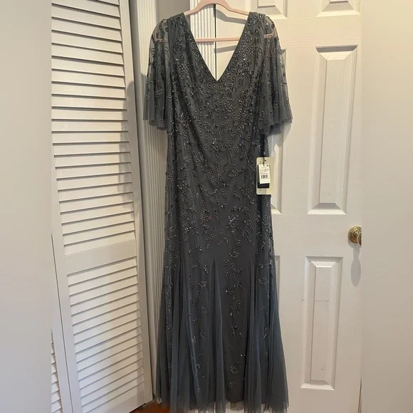 NEW Adrianna Papell Gray Scoop Back Beaded Gown - Picture 2 of 7